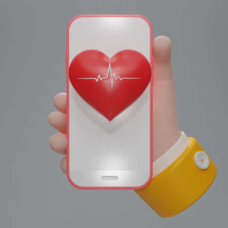 3D render Heart pulse on Smart phone in hand. Blood pressure control. Heart and heartbeat...