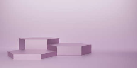 Shiny light purple hexagon pedestal or podium on purple background. Metallic hexagon cube Blank display or clean room for showing product.Minimalist mockup for podium display or showcase.3D rendering.の写真素材