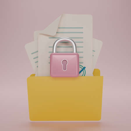 3D render Documents in folder icon with lock on pink background. Sensitive data and information. Data or file protection. Data security and privacy concept. 3D rendering illustration.の写真素材
