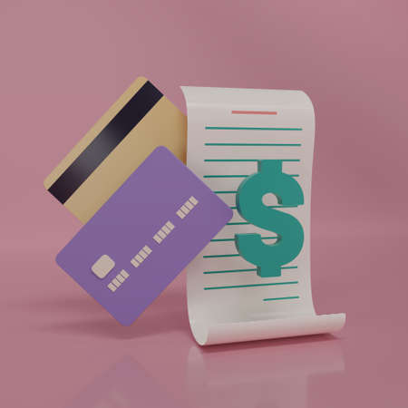 3D render bill payment with credit cards icon isolate on blue background. Cartoon bill online payment. Receipt icon for business finance design. Paper bill of transaction. 3D render illustration.の写真素材