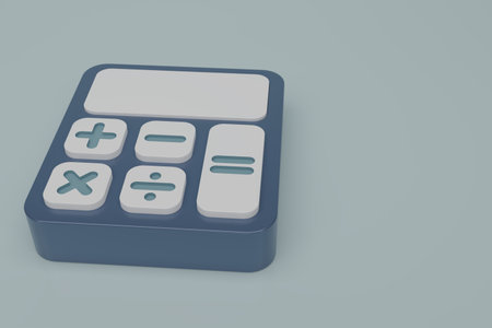 3d  render blue calculator icon on blue background. Cartoon minimal calculator style. Math device. Financial analytics, copy space. 3d rendering illustration.の写真素材