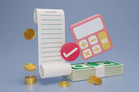 3D render bill payment with calculator,gold coins, cash bill and check mark icon on pink background. Cartoon bill online payment. Receipt icon for business finance design. 3D render illustration.の写真素材