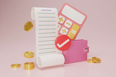 3D render bill payment with calculator,gold coins, wallet and check mark icon on pink background. Cartoon bill online payment. Receipt icon for business finance design. 3D render illustration.の写真素材