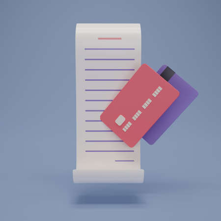 3D render bill payment with credit cards icon isolate on blue background. Cartoon bill online payment. Receipt icon for business finance design. Paper bill of transaction. 3D render illustration.の写真素材