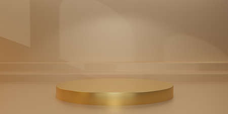 Shiny golden round pedestal  with light and shadow on gold studio  backdrops. Yellow Blank display or clean room for showing product. Minimalist mockup for podium display or showcase. 3D rendering.の写真素材