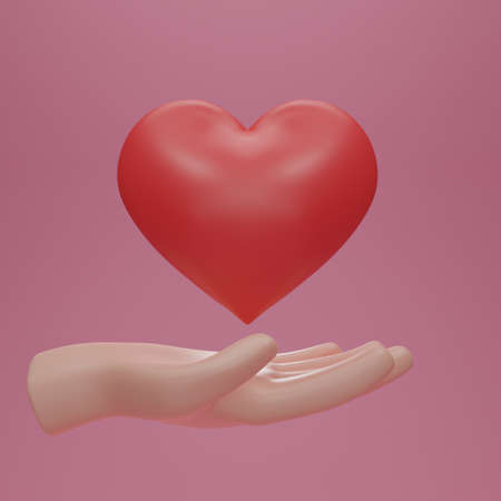 3D render Hands hold a red heart. Friendship and love icons. social responsibility, mutual love...