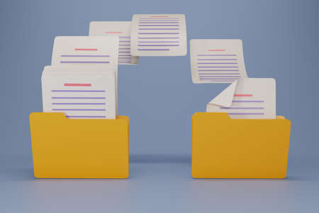 3D render Uploading documents from folder to folder. Open File folder with flying blank documents....