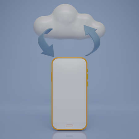 3D render smartphone with cloud and reversible arrows. Mobile phone connected to the cloud.Cloud...