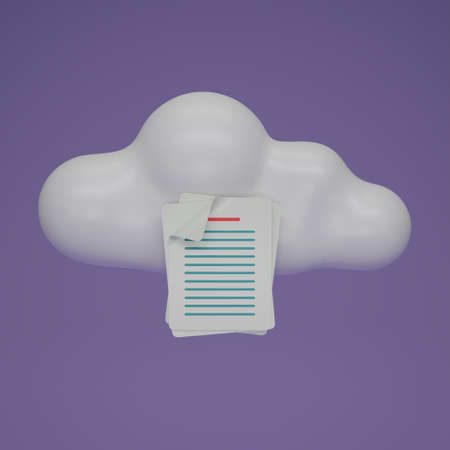 3D render Cloud storage text document icon isolate on purple background. Document cloud download....