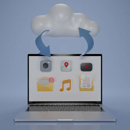 3D render laptop with cloud and reversible arrows.Cloud computing connecting technology devices. Lap...
