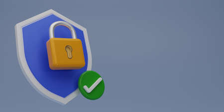 3D render Modern Shield with padlock and check mark icon on blue background. Copy space. Security shield symbols. Security shields  with check mark and padlock. 3D rendering illustration.の写真素材