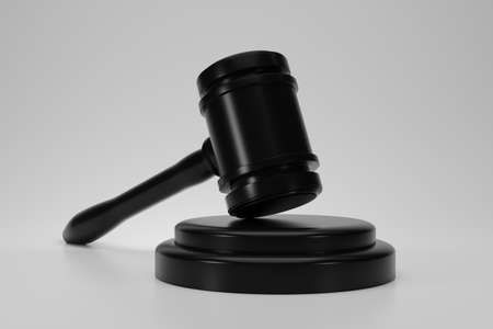 3D render black Judge hammer icon law gavel. A dark judge gavel with stand on white background....