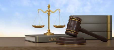 3D render wooden judge gavel and golden balance scale on wood table with blue sky background. Judge...