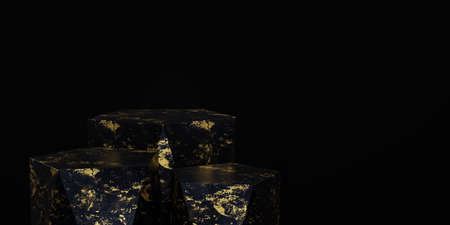 3D render cube podium made of black marble with gold texture in black blackground.Product Stand,...