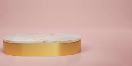 Shiny gold with white marble on top of oval pedestal or podium in pink studio backdrops. Blank display  for showing product. Copy space. Minimalist mockup for showcase. 3D rendering.の写真素材