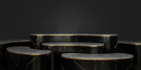 Black marble with gold texture and white on top of free form pedestal or podium in dark background. Blank display for showing product. Copy space. Minimalist mockup for the showcase. 3D rendering.の写真素材