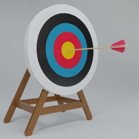 3D render Arrow hit the center of the target on a dartboard on white background. Minimal target with arrows. Business finance target concept. 3d rendering illustration.の写真素材