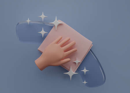 Hand holding washcloth icon housekeeping. Hand cleaning on a blue background. Cleaning napkin glyph...