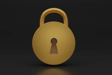 3D render gold Padlock icon isolated on black background. minimal golden lock. 3d render illustration.の写真素材