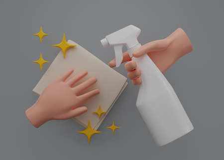 Hand holding washcloth with spray bottle icon housekeeping. Hand cleaning on a gray background....