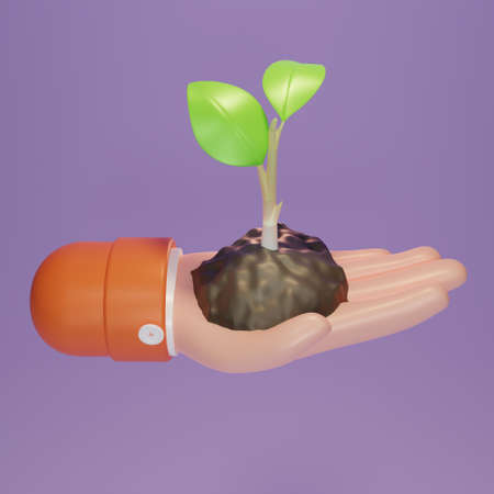 Hand holding young plant on soil. Plant in hand on purple background. Plant sapling in hand.  Eco, earth day,Forest conservation concept. 3d render illustrationの写真素材