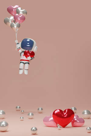 3D render An astronaut holds several heart-shaped balloons. Cartoon character astronaut floating in...