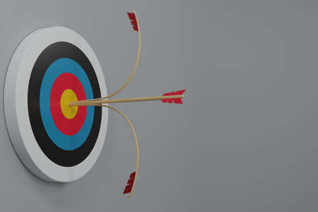 3D render two Arrows hit the center of the target on a dartboard on white background. Minimal target...