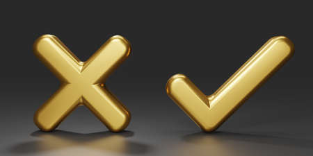 3D render gold Checkmark and X mark icon set on black background. Checkmark right symbol, tick sign. check and uncheck for web and mobile apps. 3D rendering illustration.の写真素材