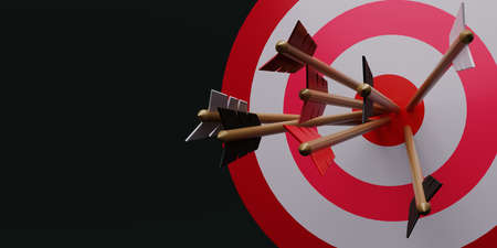 3D render close-up of Arrows hitting the center of the target on a dartboard on black background....