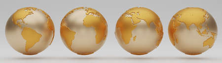 Gold Earth Globes collection in different views on white background. Golden World map. Earth Day. Travel Asia Africa America Europe, infographics concepts. 3d render illustration.の写真素材