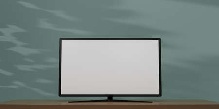 Realistic TV screen. TV flat screen LCD, plasma realistic illustration in the green room, 4k monitor isolated on a green background. Black LED television. Modern blank screen. 3D render illustration.の写真素材