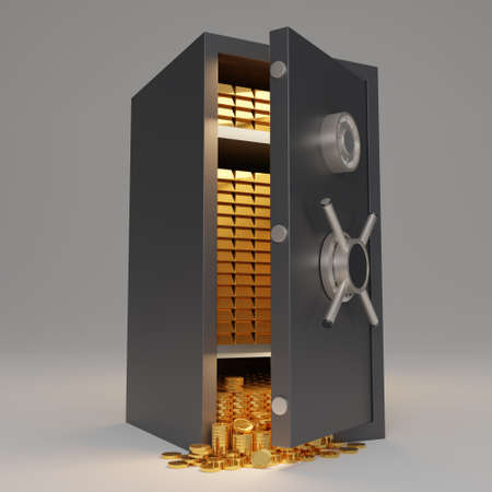 Dark blue Safe box font view with gold bars and gold coins inside on white background. Opened the...
