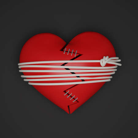 3D Top view red heart is cracked with a rope wrapped around it. Repair broken heart isolated in black background. Relationship breakup problem, Disappointed in love concept. 3D rendering illustration.の写真素材