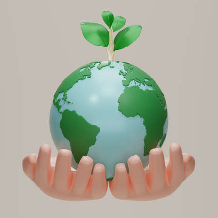 Two Hands hold planet earth and plant icon. Earth day symbol. Globe with sapling, Eco Save the...