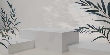 3D render white cube podium with green eucalyptus leaves on white background. The blank display or...
