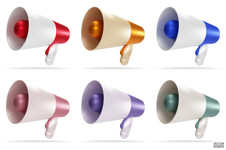 Set of Metallic color megaphone. Cartoon megaphone icons are isolated on white background. 3d megaphone speaker loudspeaker bullhorn for announcing the promotion. 3d vector illustration.のイラスト素材