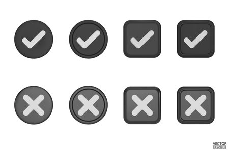 set of 3D black Checkmark and X mark icon set. Checkmark right symbol, tick sign. check and uncheck for web and mobile apps. 3D vector illustration.のイラスト素材