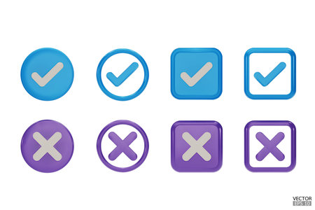 set of 3D Checkmark and X mark icon set. Blue and purple Checkmark right symbol, tick sign. check and uncheck for web and mobile apps. 3D vector illustration.のイラスト素材