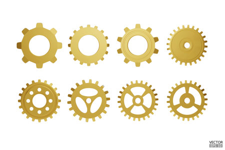 3D gold Gear icon set. Golden Transmission cogwheels and gears are isolated on white background. Yellow Machine gear, setting symbol, Repair, and optimize workflow concept. 3d vector illustration.のイラスト素材