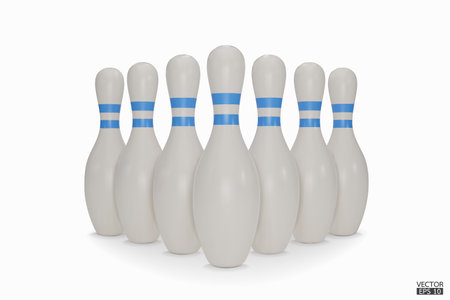 Group of bowling pins. Realistic bowling pins with blue stripes isolated on white background. Bowling icon. 3D vector illustration.のイラスト素材
