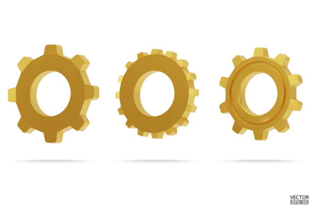 3D gold Gear icon set. Golden Transmission cogwheels and gears are isolated on white background. Yellow Machine gear, setting symbol, Repair, and optimize workflow concept. 3d vector illustration.のイラスト素材