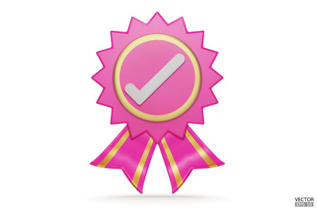 3D quality guarantees a medal with check mark and ribbon. Pink and gold badge warranty icon  isolated on white background. Realistic graphics Certificate Badge icon, award badge. 3D vector illustrationのイラスト素材