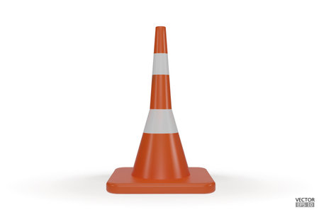 3d traffic cones with white and orange stripes isolated on white background. Construction cone icon. Single orange traffic warning cone. Under construction, and maintenance. 3D vector illustration.のイラスト素材
