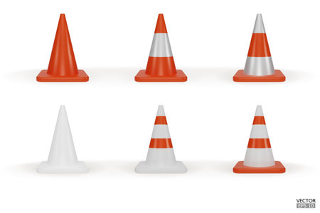 3d traffic cones with white and orange stripes isolated on white background. Construction cone icon. Single orange traffic warning cone. Under construction, and maintenance. 3D vector illustration.のイラスト素材