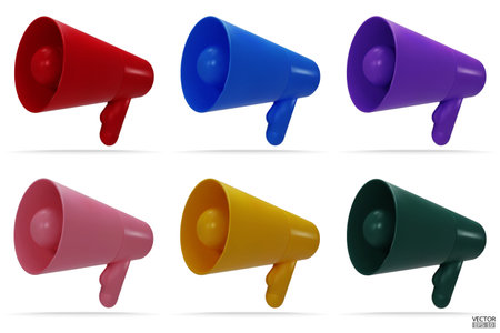 Set of Megaphone icons isolated on white background. 3d megaphone speaker loudspeaker bullhorn for announcing promotion, 3d vector illustration.のイラスト素材