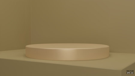 Shiny beige round pedestal on beige studio backdrops. Blank display or clean room for showing product. Minimalist mockup for podium display or showcase. 3D vector illustration.のイラスト素材