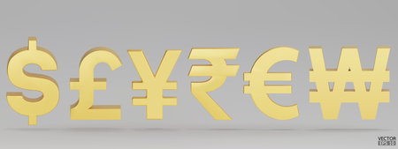 Set of gold currency symbol isolated on white background. Dollar, British Pounds, Japanese yen, Indian Rupee, Euro and Korean Won sign. 3D golden money currency signs. 3D vector Illustration.のイラスト素材