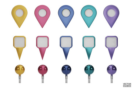 Set of map pointers in metallic colors isolated on white backgrounds.  Location pin or navigation front view. 3D Locator mark of map pointer, symbol, and position. 3D vector illustration.のイラスト素材