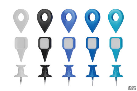 Set of map pointers in various colors isolated on white backgrounds.  Location pin or navigation front view. 3D Locator mark of map pointer, symbol, and position. 3D vector illustration.のイラスト素材