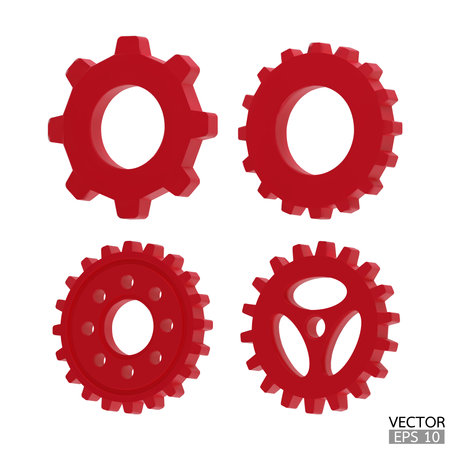 4 red Gear icon set. Golden Transmission cogwheels and gears are isolated on white background. Yellow Machine gear, setting symbol, Repair, and optimize workflow concept. 3d vector illustration.のイラスト素材
